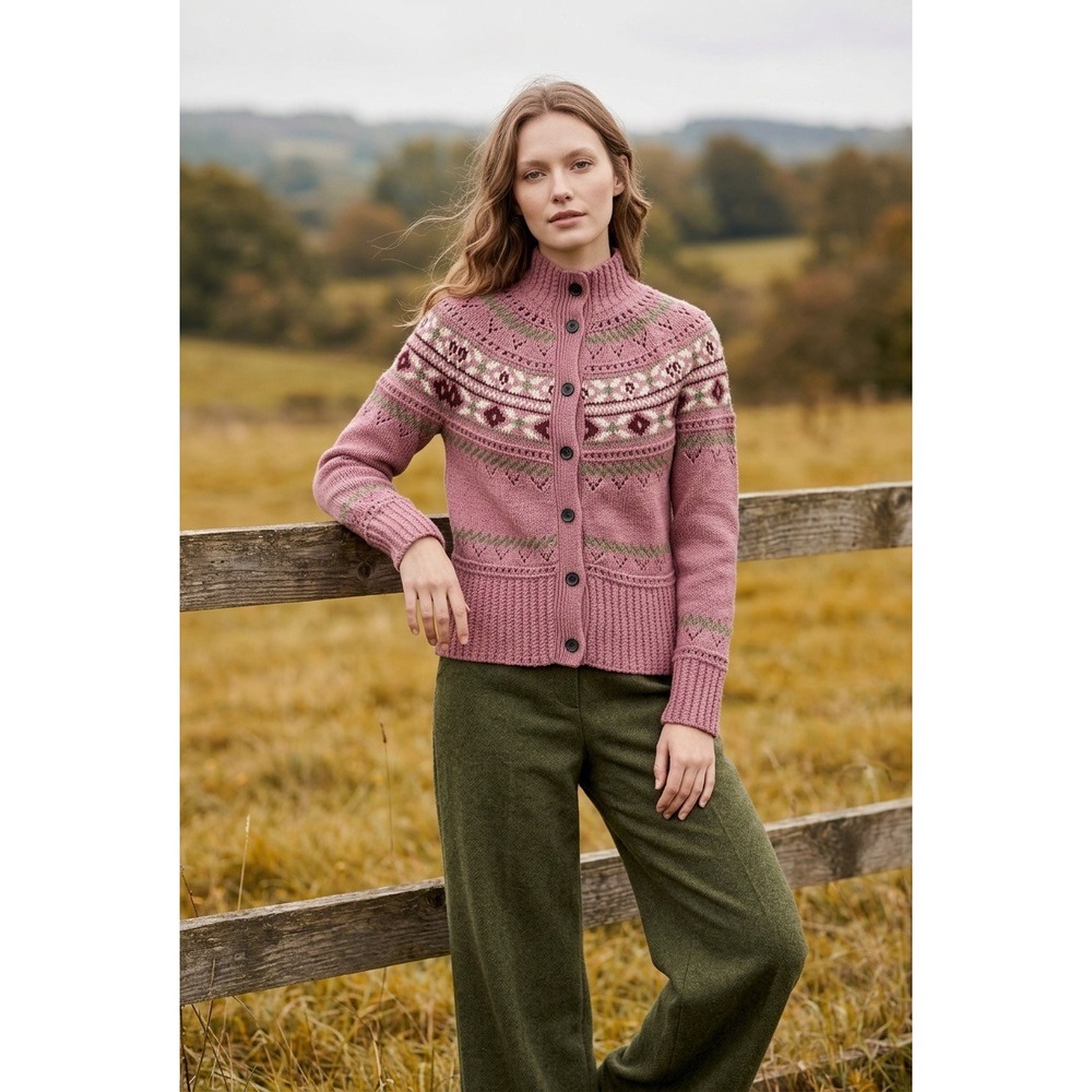 LL Bean Signature Pink Fair Isle Cotton Cardigan Sweater Mock Neck Small Petite